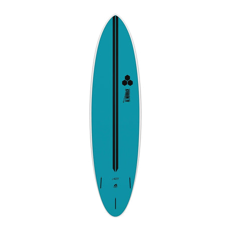 Channel Islands X-lite M23 Surfboard, Blaugrün, Draufsicht auf Kunststoff-Shortboard mit schwarzem Mittelstreifen
