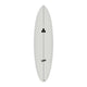 Channel Islands X-lite M23 Surfboard weiß, Draufsicht auf das Deck mit schwarzem Logo und Finnen-Setup