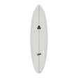 Channel Islands X-lite M23 Surfboard weiß, Draufsicht auf das Deck mit schwarzem Logo und Finnen-Setup