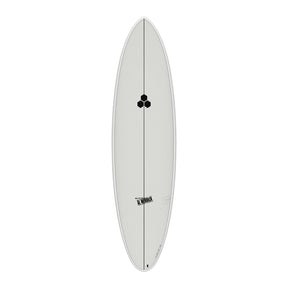 Channel Islands X-lite M23 Surfboard weiß, Draufsicht auf das Deck mit schwarzem Logo und Finnen-Setup