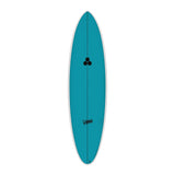 Channel Islands X-lite M23 Surfboard in Teal, Draufsicht mit schwarzem Kleeblatt-Logo