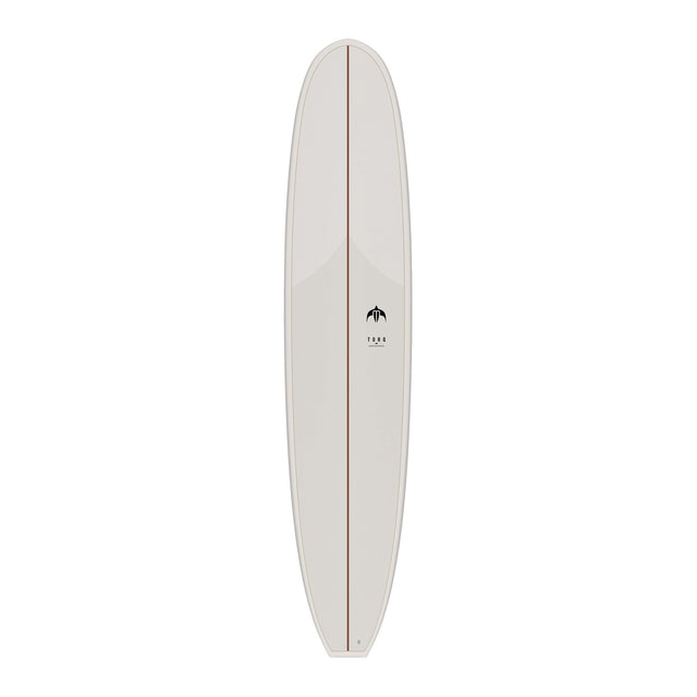 TORQ TET Delpero Classic Surfboard, cremeweiß, Frontansicht, längliches Design mit Mittelstrich und Logo