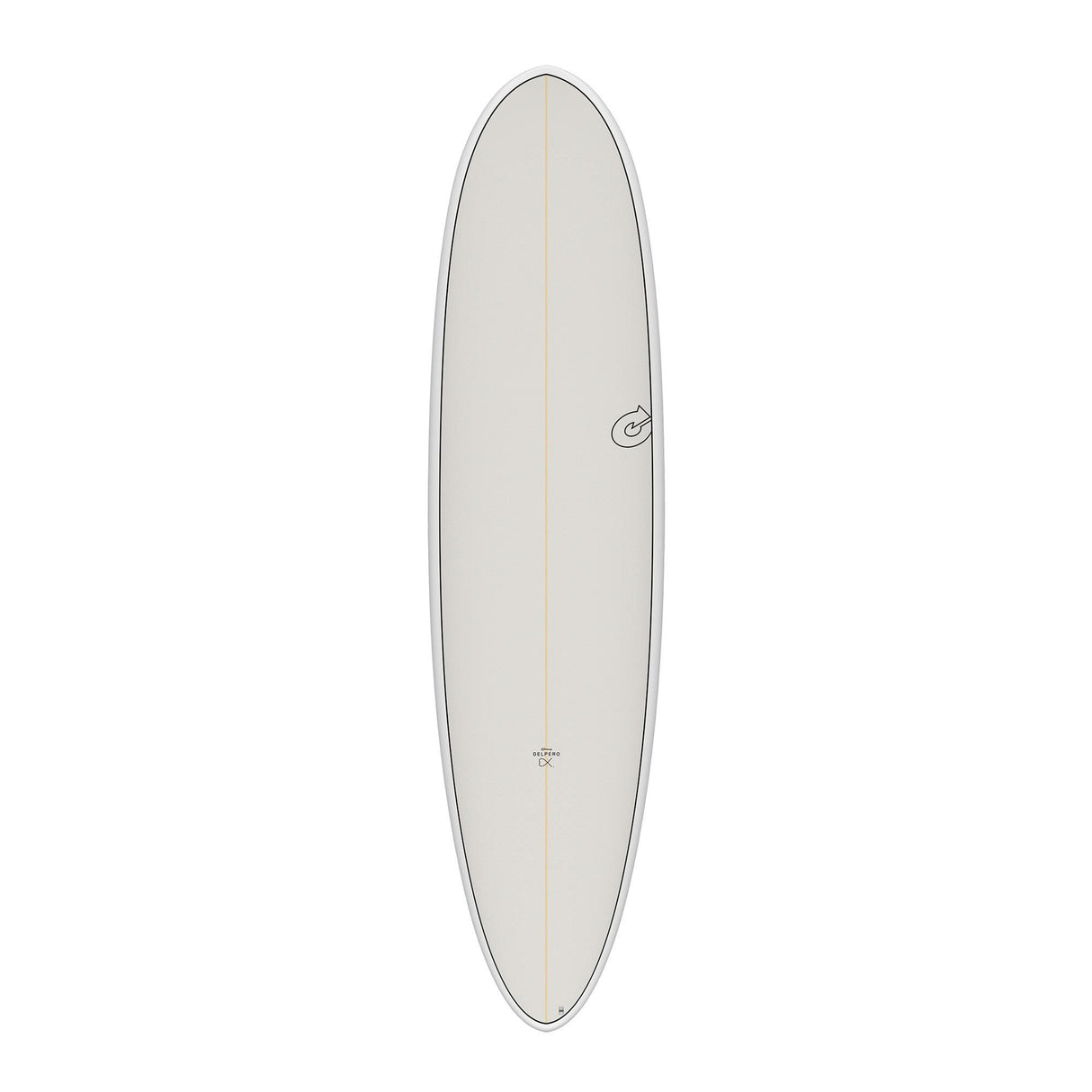 Torq TET Delpero MPW Surfboard in Weiß, Draufsicht, längliches Design mit grauem Rail und Torq-Logo