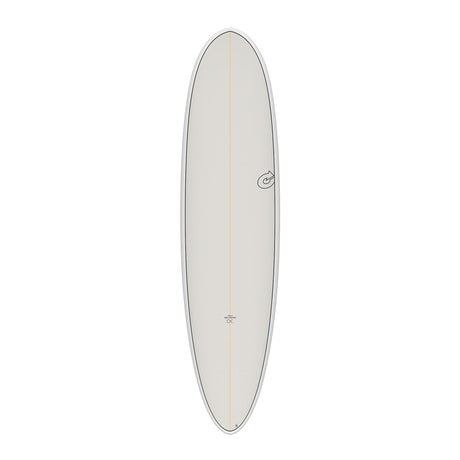 Torq TET Delpero MPW Surfboard in Weiß, Aufsicht, längliches Deck mit Centerline und Logo-Details