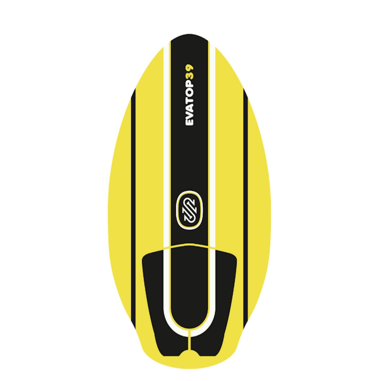 Skimboard SkimOne mit gelbem EVA-Deck und schwarzem Mittelstreifen, Draufsicht, weiche Tretfläche