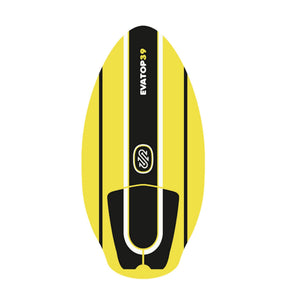 Skimboard SkimOne mit gelbem EVA-Deck und schwarzem Mittelstreifen, Draufsicht, weiche Tretfläche