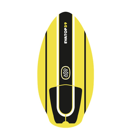 Skimboard SkimOne mit gelbem EVA-Deck und schwarzem Mittelstreifen, Draufsicht, weiche Tretfläche