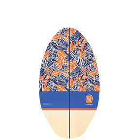 Skimboard SkimOne Holz Tropikz mit tropikalem Blattmuster in Orange, Navy und Creme, Draufsicht