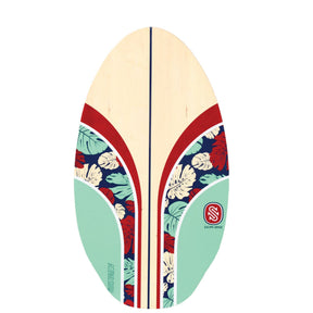 Skimboard SkimOne aus Holz in Creme, Rot und Mint mit floralem Muster, Draufsicht