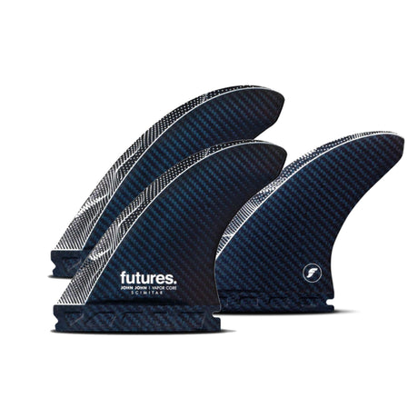 Futures Thruster Fin Set JJF Scimitar Vapor Core, Kohlefaser, schwarzblau, drei Flossen, Frontansicht