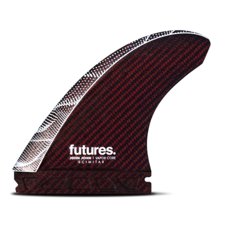 Futures Thruster Fin Set JJF Scimitar Vapor Core in Burgund mit Kohlefaser-Details, seitliche Ansicht