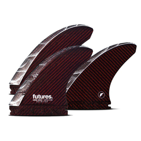 Futures Thruster Fin Set JJF Scimitar Vapor Core mit rotem Carbon und silbernem Kern, Frontalansicht