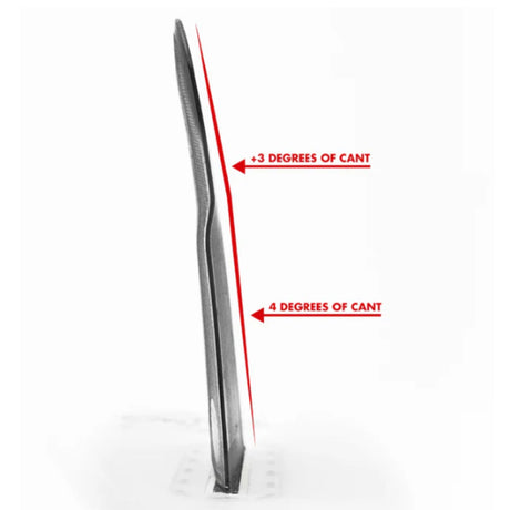 Futures Twin Tri Fin Set Reverse Alpha, schwarze Surfflossen mit Cant-Winkel-Markierungen, Seitenansicht