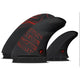 Futures Twin Tri Fin Set Reverse Alpha, schwarze Flossen mit roten grafischen Mustern, Seitenansicht