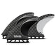 Futures Thruster Fin Set Blackstix mit Carbon-Muster, drei schwarze Flossen mit weißem Akzent, Frontansicht