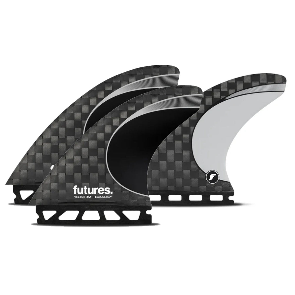 Futures Thruster Fin Set Blackstix mit Carbon-Muster, drei schwarze Flossen mit weißem Akzent, Frontansicht