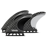 Futures Thruster Fin Set Blackstix mit Carbon-Muster, drei schwarze Flossen mit weißem Akzent, Frontansicht