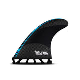 Futures Thruster Fin Set John John Techflex, schwarze Surffinne mit blauem Rand und Carbonfaser-Details, Seitenansicht