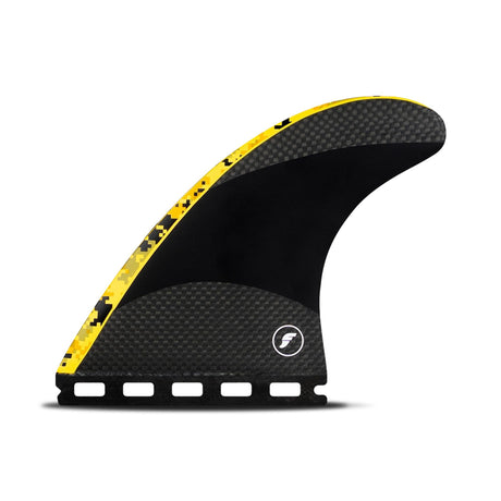 Futures Thruster Fin Set John John Techflex, schwarze Flosse mit gelbem Rand und Carbon-Details, Seitenansicht