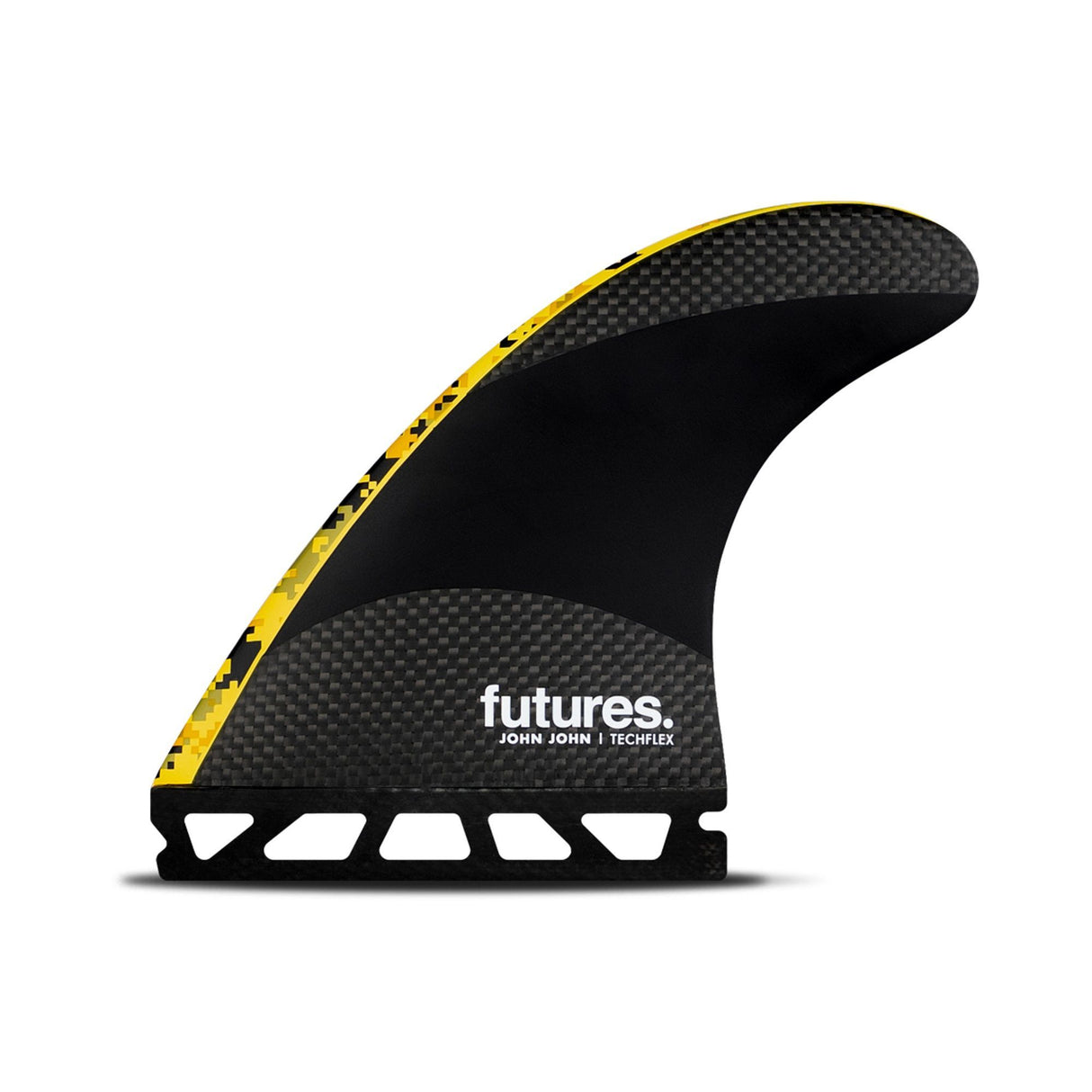 Futures Thruster Fin Set John John Techflex, schwarze Surffinne mit gelbem Rand und Carbon-Details, Seitenansicht