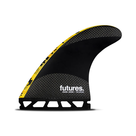 Futures Thruster Fin Set John John Techflex, schwarze Surffinne mit gelbem Rand und Carbon-Details, Seitenansicht