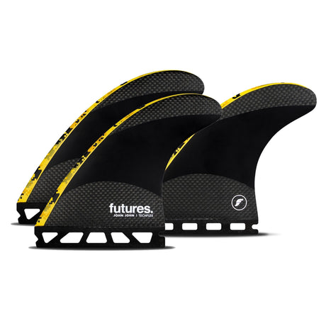 Futures Thruster Fin Set John John Techflex schwarz gelb drei Flossen Frontansicht