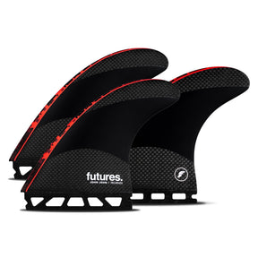 Futures Thruster Fin Set John John Techflex, schwarz mit roten Kanten, Technologie-Material, drei Flossen in Seitenansicht