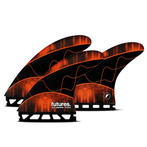 Futures Thruster Fin Set Jack Robinson Techflex, orange-schwarzes Design mit strukturiertem Muster, drei Flossen in Frontansicht