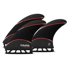 Futures Thruster Fin Set Jordy Signature Techflex, schwarz mit roten Akzenten, drei Flossen, Frontansicht