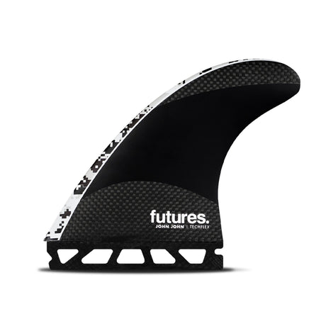 Futures Thruster Fin Set John John Techflex PRO, schwarze Surfflossen mit Carbonmuster und weißen Akzenten, Seitenansicht