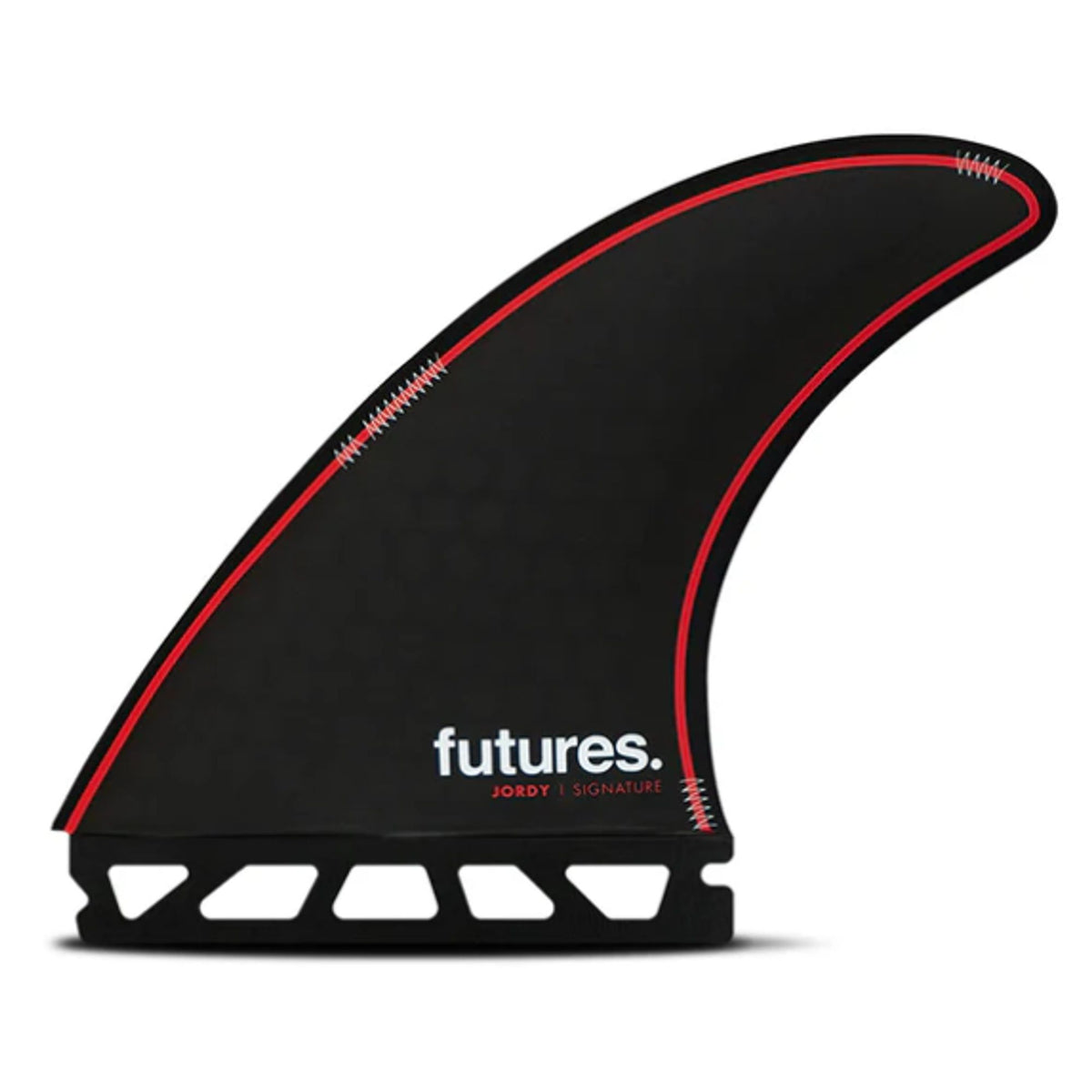 Futures Thruster Fin Set Jordy Smith Honeycomb, schwarze Surfflossen mit rotem Rand und Honeycomb-Material, Seitenansicht