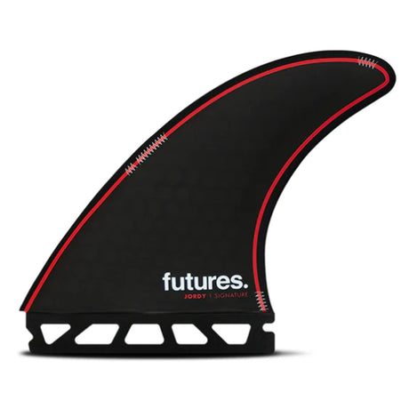 Futures Thruster Fin Set Jordy Smith Honeycomb, schwarze Surfflossen mit rotem Rand und Honeycomb-Material, Seitenansicht