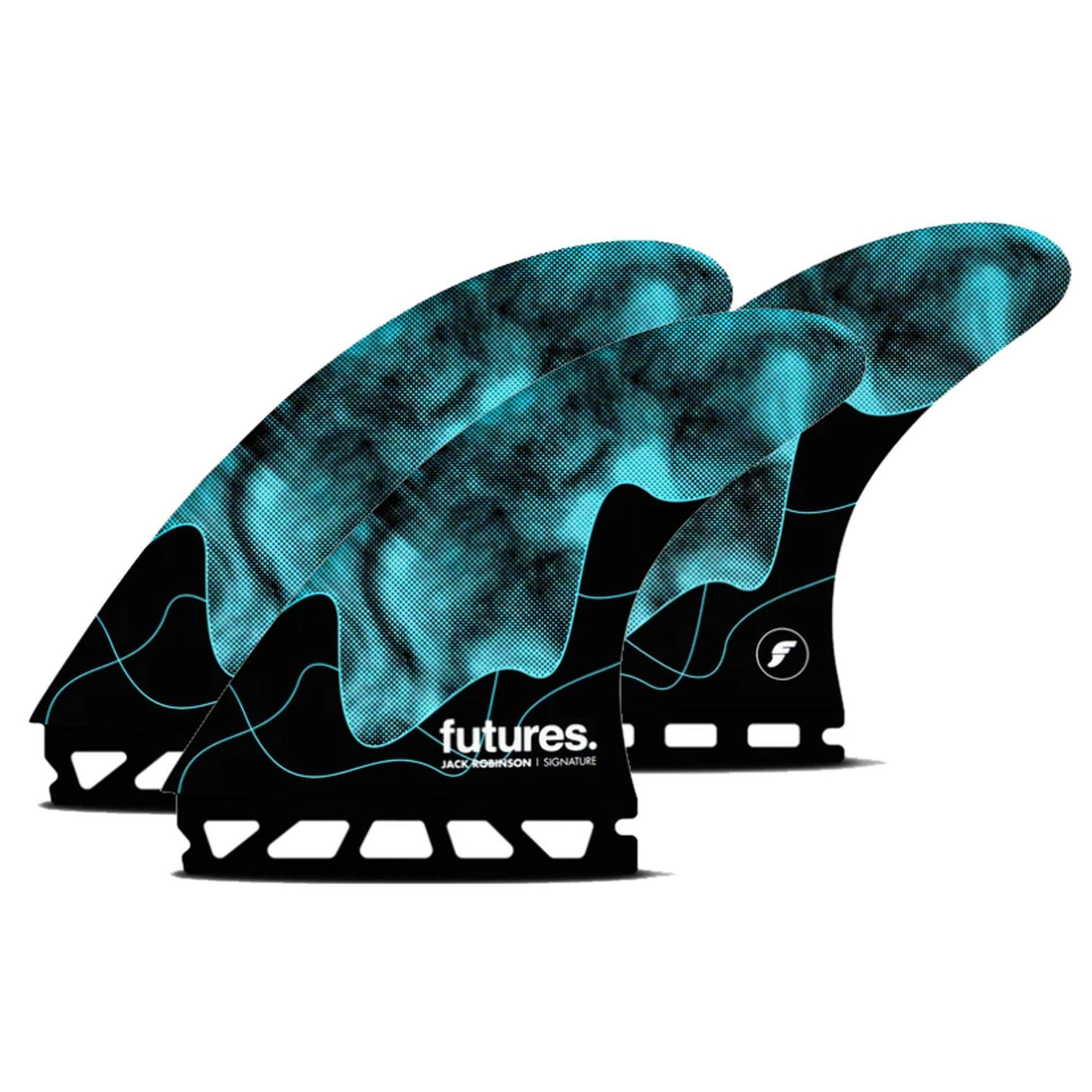 Futures Thruster Fin Set Jack Robinson Honeycomb mit türkisem Muster und schwarzer Basis, Frontansicht