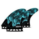 Futures Thruster Fin Set Jack Robinson Honeycomb mit türkisem Muster und schwarzer Basis, Frontansicht