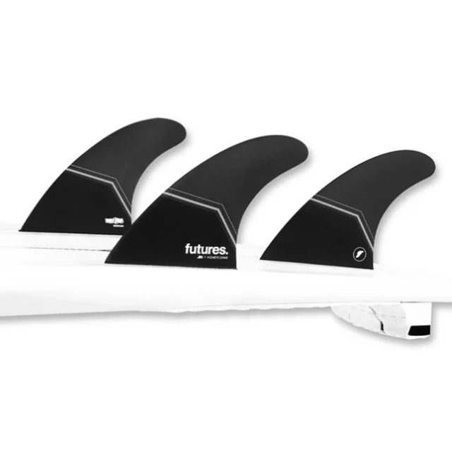 Futures Thruster Fin Set JS Honeycomb, schwarze Flossen mit weißer Basis, Honeycomb-Material, Draufsicht auf drei Finnen