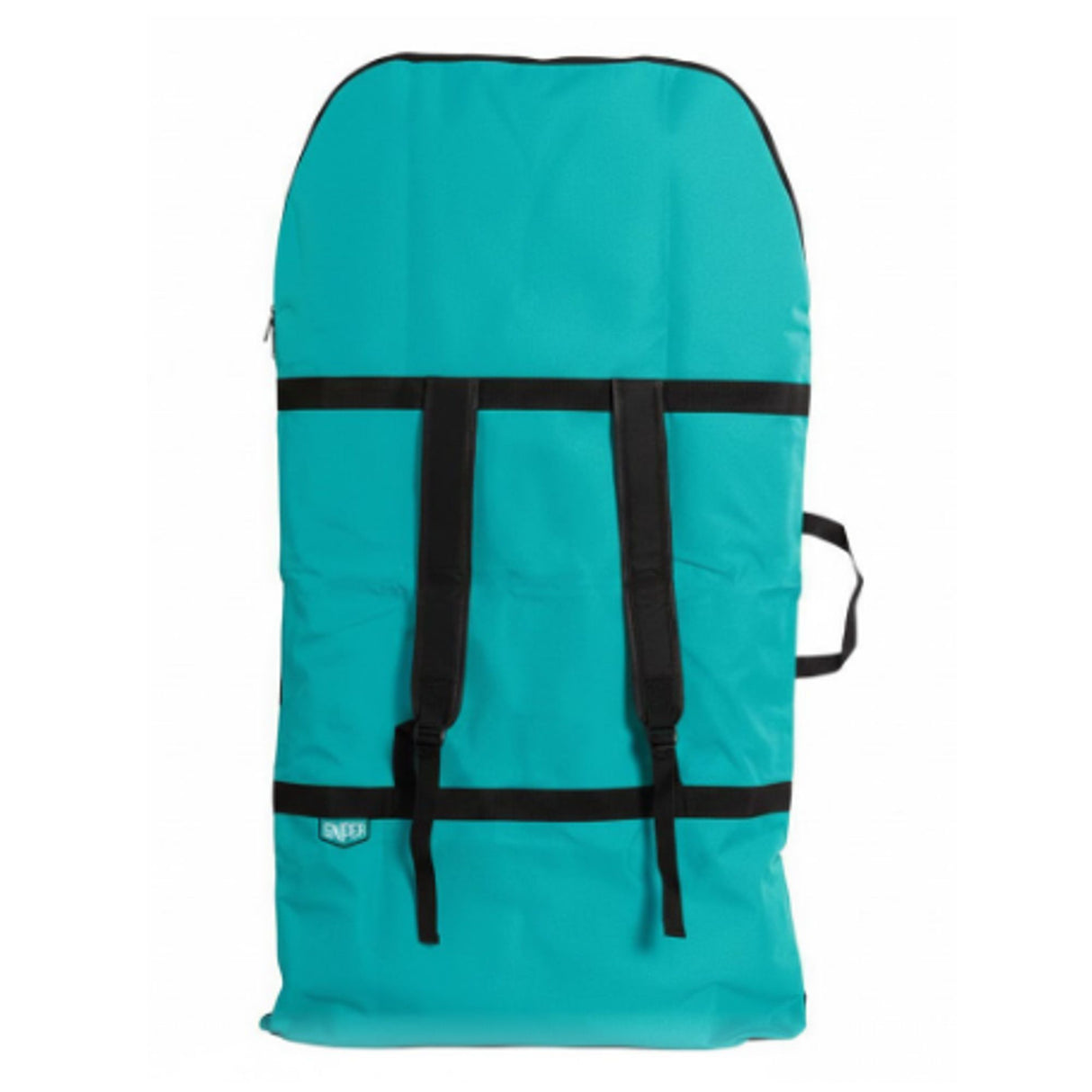 Sniper Bodyboard Rucksack Single Cover in Türkis mit schwarzen Tragegurten, Frontansicht