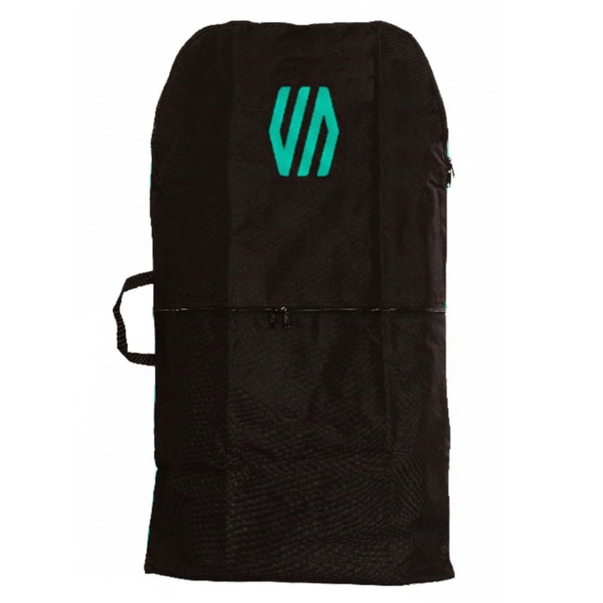 Sniper Bodyboard Rucksack Single Cover schwarz mit türkisem Logo, Frontansicht, Transporttasche mit Tragegriffen