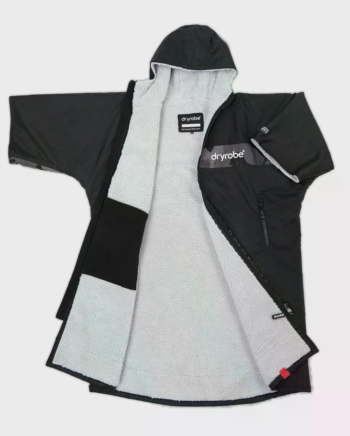 DRYROBE Advance Kurzarm Bademantel schwarz-weiß mit Kapuze, flache Ansicht