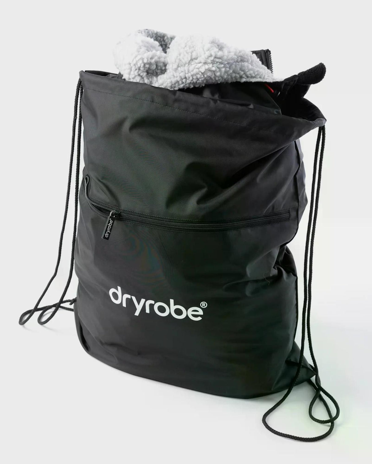 Dryrobe Adapt Mantel schwarz mit weißem Fleece-Innenfutter, Sportmantel mit Kordelzug und Frontreißverschluss, gefüllt angezeigt