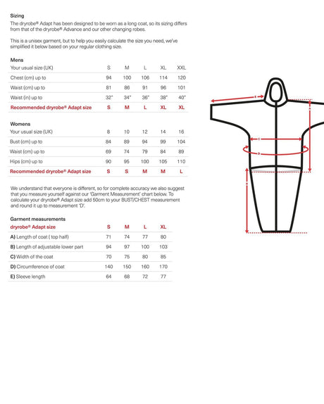 Dryrobe Adapt Mantel in Marineblau und Rot mit Größentabelle und technischer Zeichnung der Passform