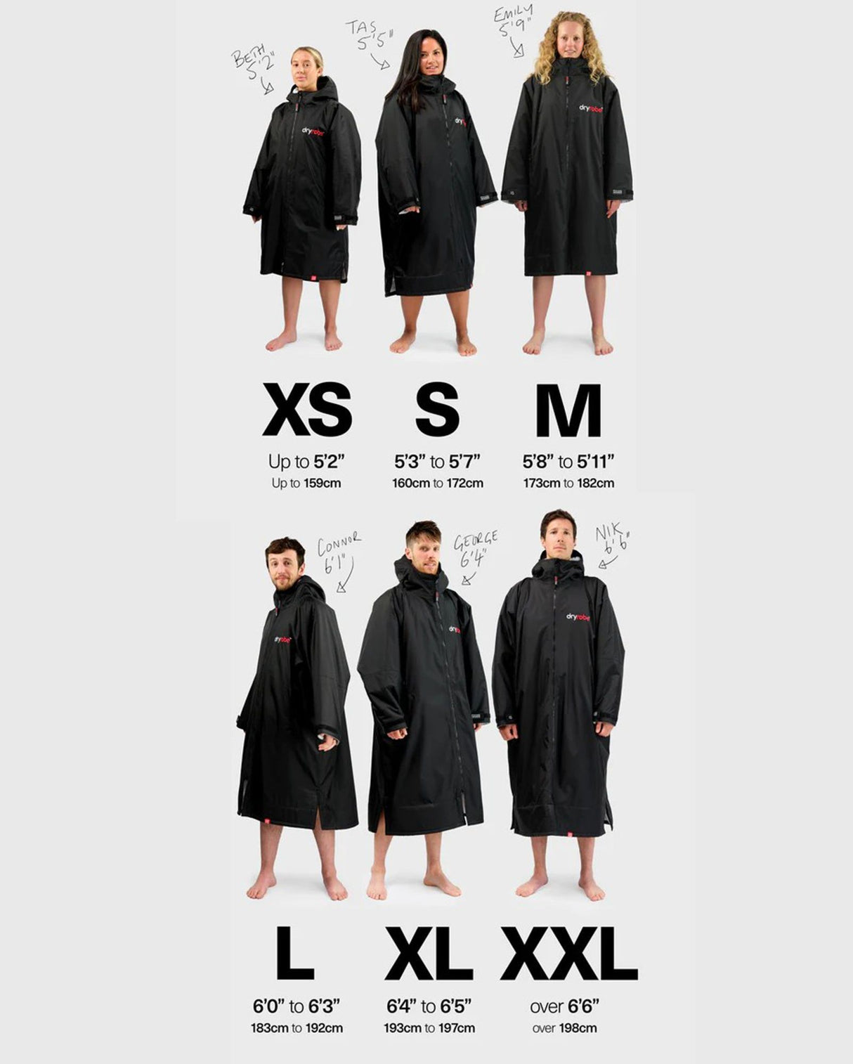 Dryrobe Nexus Long Sleeve Größentabelle in Schwarz mit Modellen in den Größen XS bis XXL von vorne