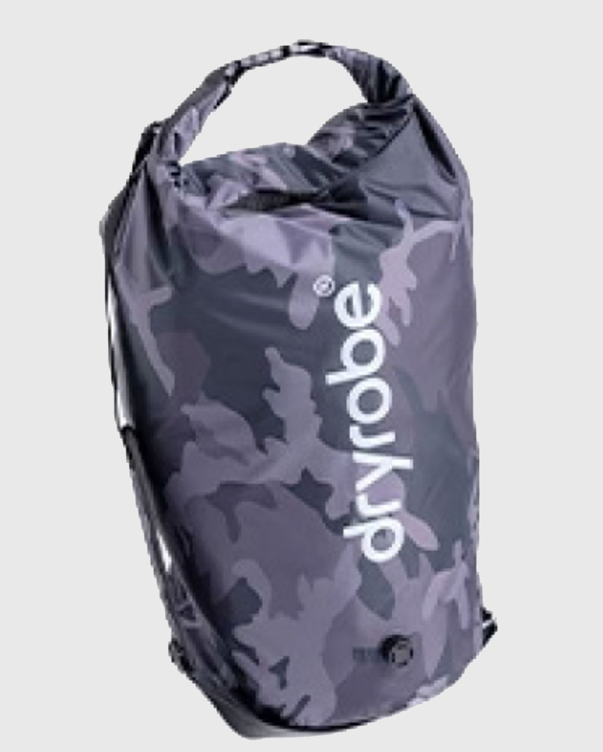 Dryrobe wasserdichter Packsack Drybag in Grau mit Camouflage-Muster, Frontalansicht mit Tragehenkeln