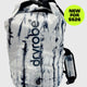 Dryrobe wasserdichter Packsack Drybag in Weiß mit blauem Muster, Frontansicht mit schwarzen Tragegriffen