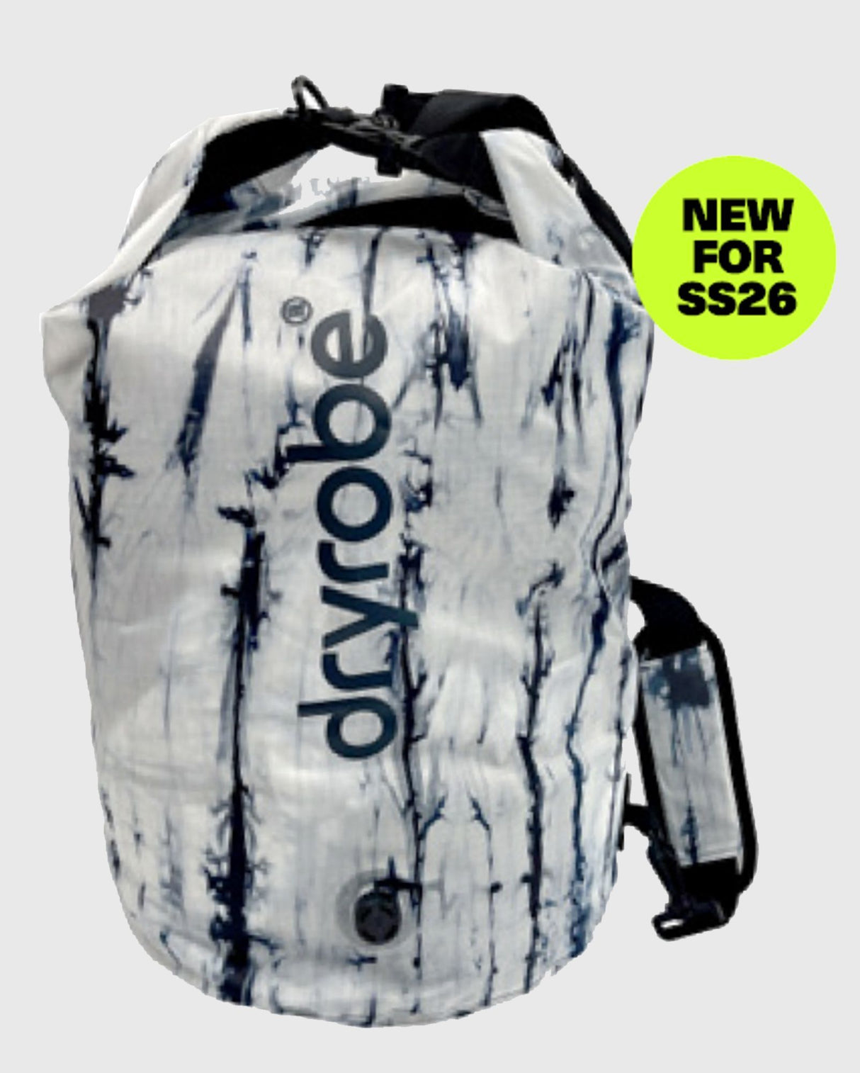 Dryrobe wasserdichter Packsack Drybag in Weiß mit blauem Muster, Frontansicht mit schwarzen Tragegriffen