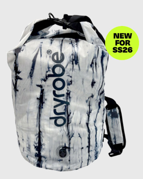 Dryrobe wasserdichter Packsack Drybag in Weiß mit blauem Muster, Frontansicht mit schwarzen Tragegriffen