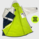 Dryrobe Advance Long Sleeve Kids Umhang in Neongelb und Marineblau mit Kapuze, ausgebreitet mit abnehmbaren Ärmeln
