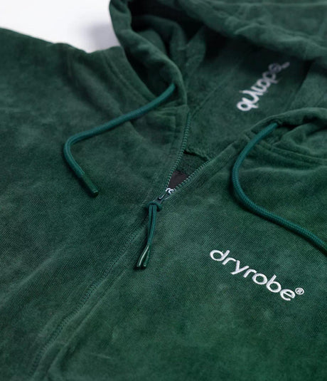 Dryrobe Fullzip Handtuchmantel aus Bio-Baumwolle in Dunkelgrün mit Reißverschluss und Kapuze, Detailansicht