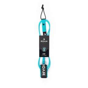 ROAM Surfboard Leash Comp 5mm Türkis mit schwarzem Verschluss und Befestigungsschlaufe, Frontansicht