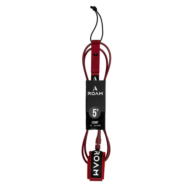 ROAM Surfboard Leash Comp 5 Fuß, burgundy rot, Neopren mit schwarzem Cuff, Frontalansicht