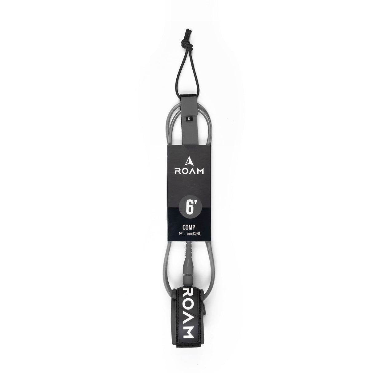 ROAM Surfboard Leash Comp 6 Zoll schwarz grau mit Klettverschluss und Schlaufe Frontansicht